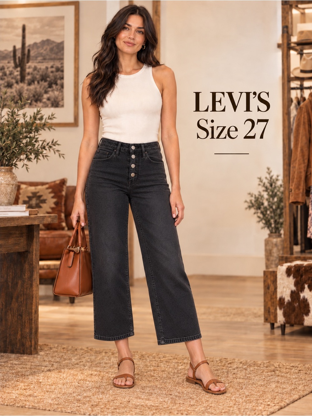 Levi’s Mile High Cropped Wide Leg Jeans Washed Black Button Fly Size 27